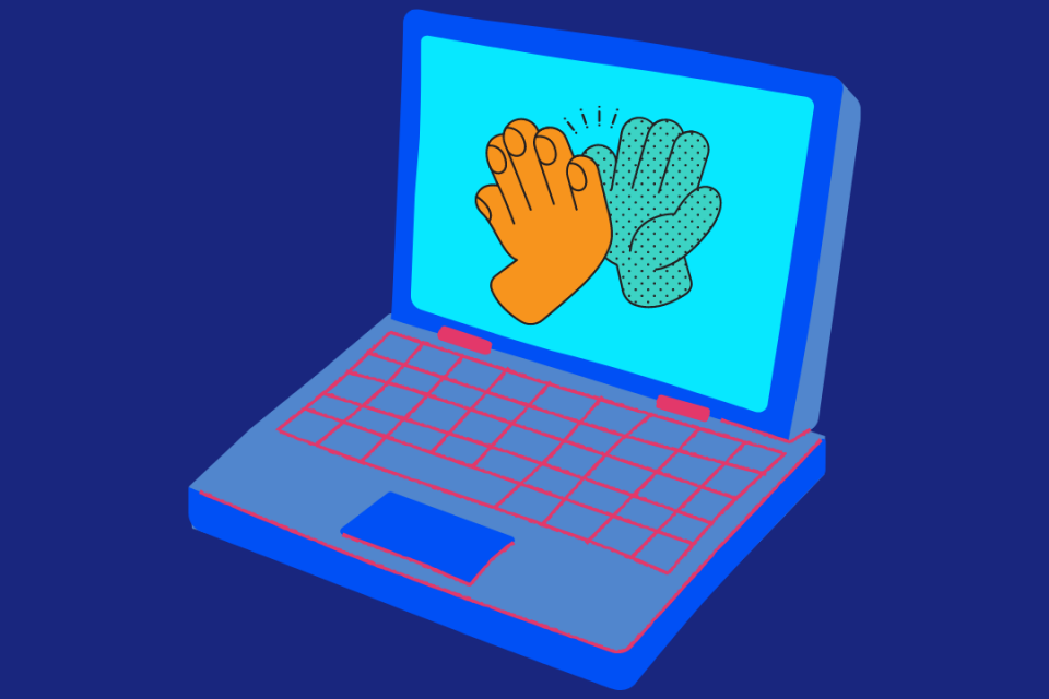 image of laptop with two hands on the screen giving a high five.